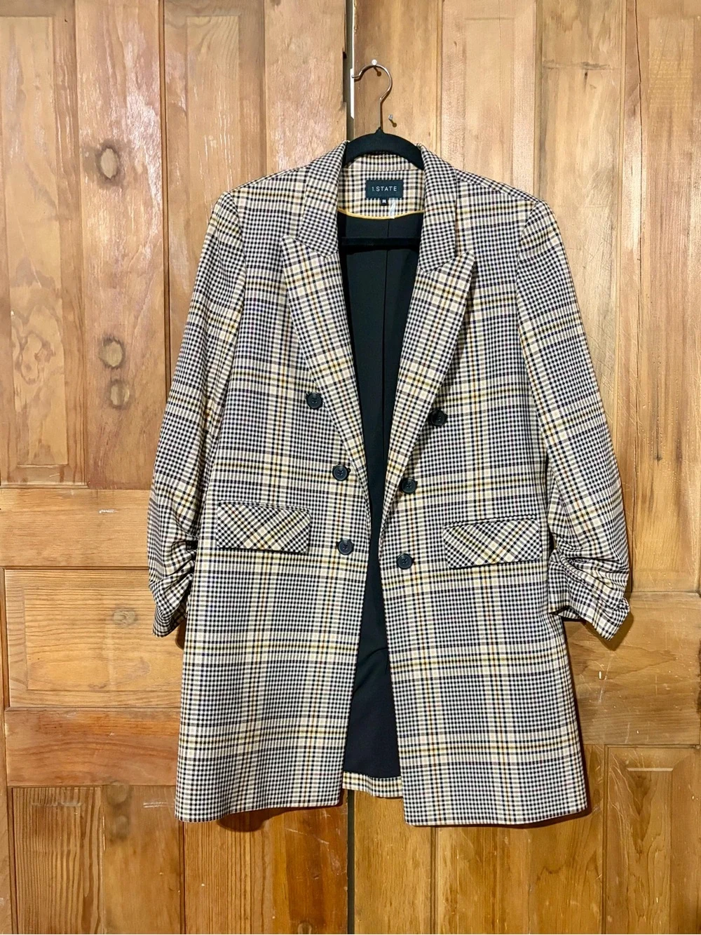 1.STATE – Longline Plaid Ruched Sleeve Double Breasted Blazer – Glen Check – Sz.